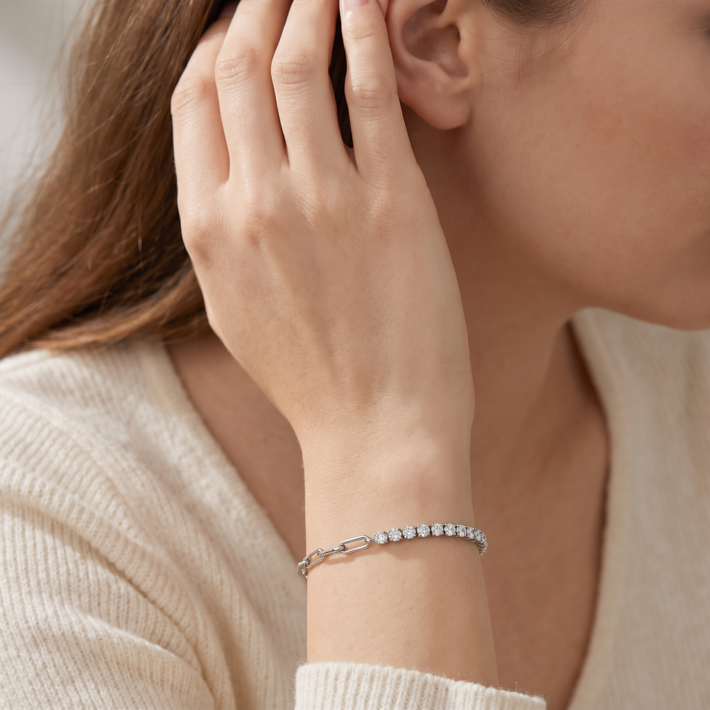 Asymmetrical Diamond TennisCuban Link Style Gold Bracelet