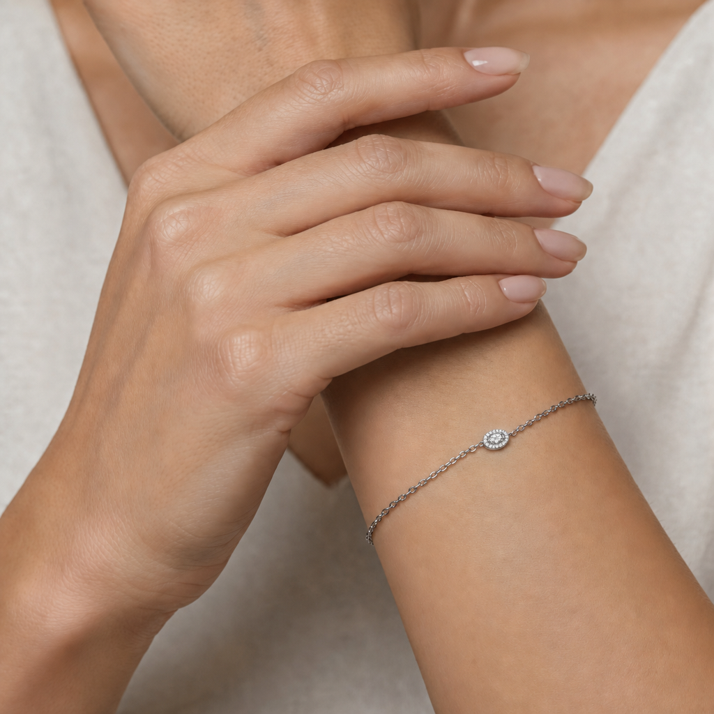 Minimalist Dainty Gold Bracelet - Classic Oval Halo Setting Adjustable
