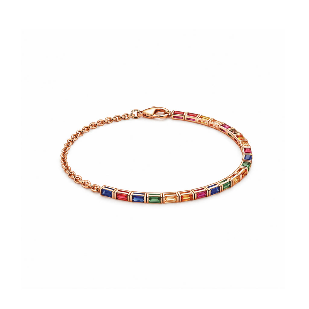 Multicolor Rainbow Baguette Sapphire Tennis Diamond Gold Bracelet