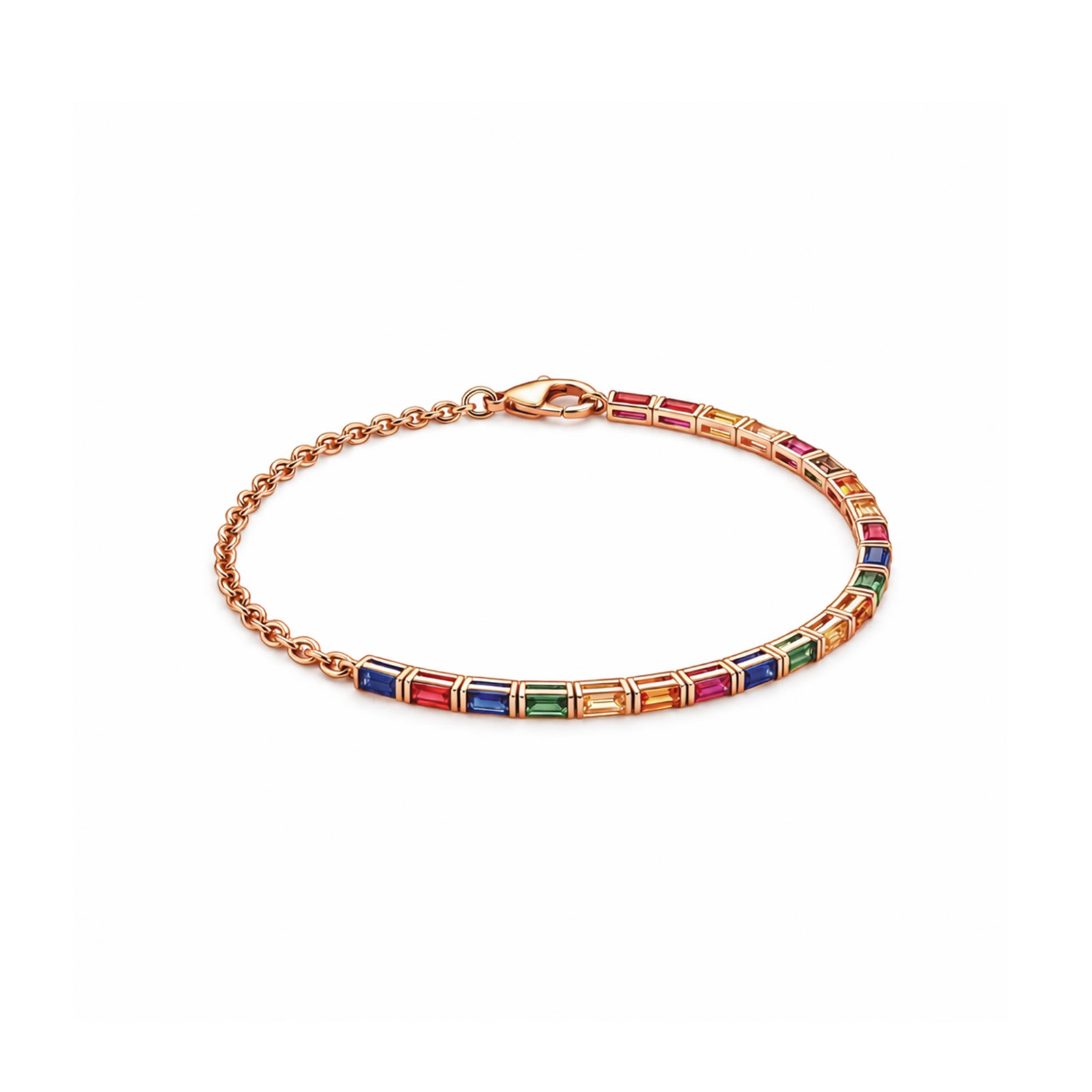 Multicolor Rainbow Baguette Sapphire Tennis Diamond Gold Bracelet
