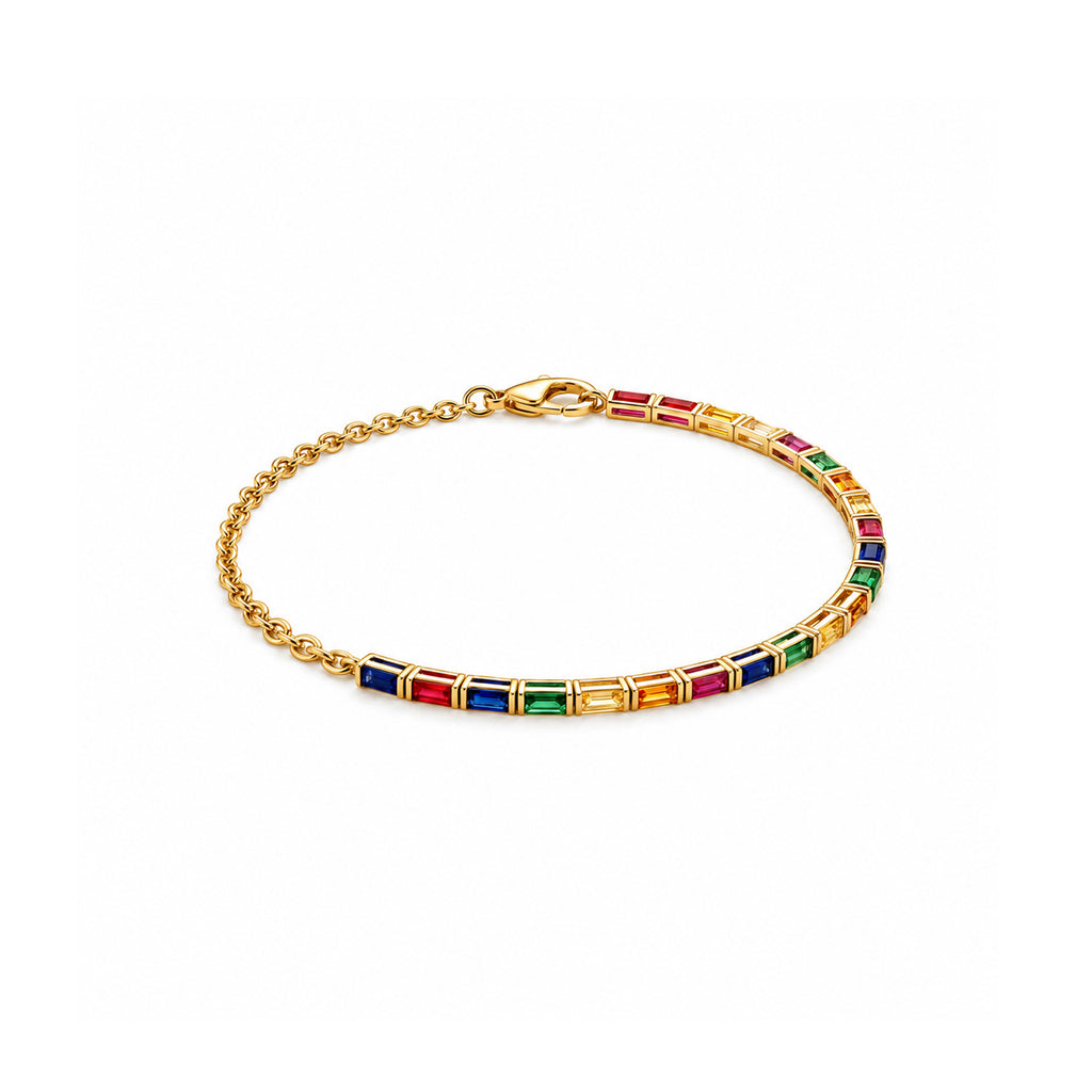 Multicolor Rainbow Baguette Sapphire Tennis Diamond Gold Bracelet
