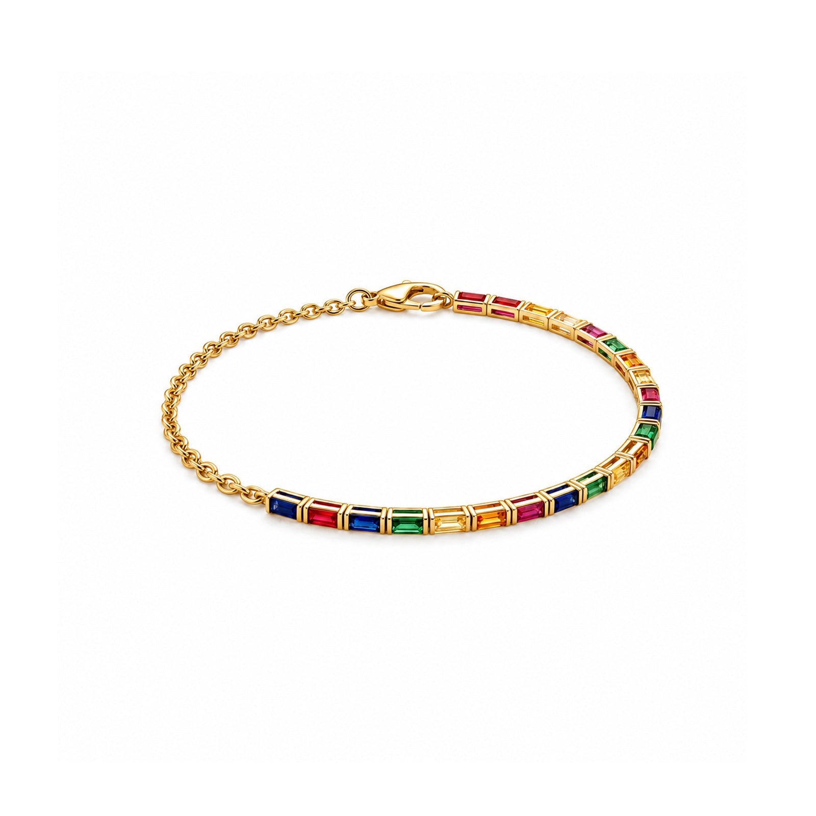 Multicolor Rainbow Baguette Sapphire Tennis Diamond Gold Bracelet