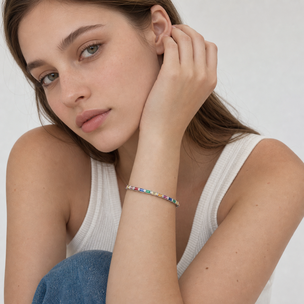 Multicolor Rainbow Baguette Sapphire Tennis Diamond Gold Bracelet