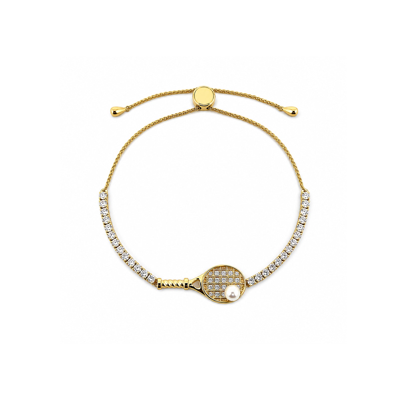 "Match Point" Series: Tennis Racket Pearl Charm Bracelet