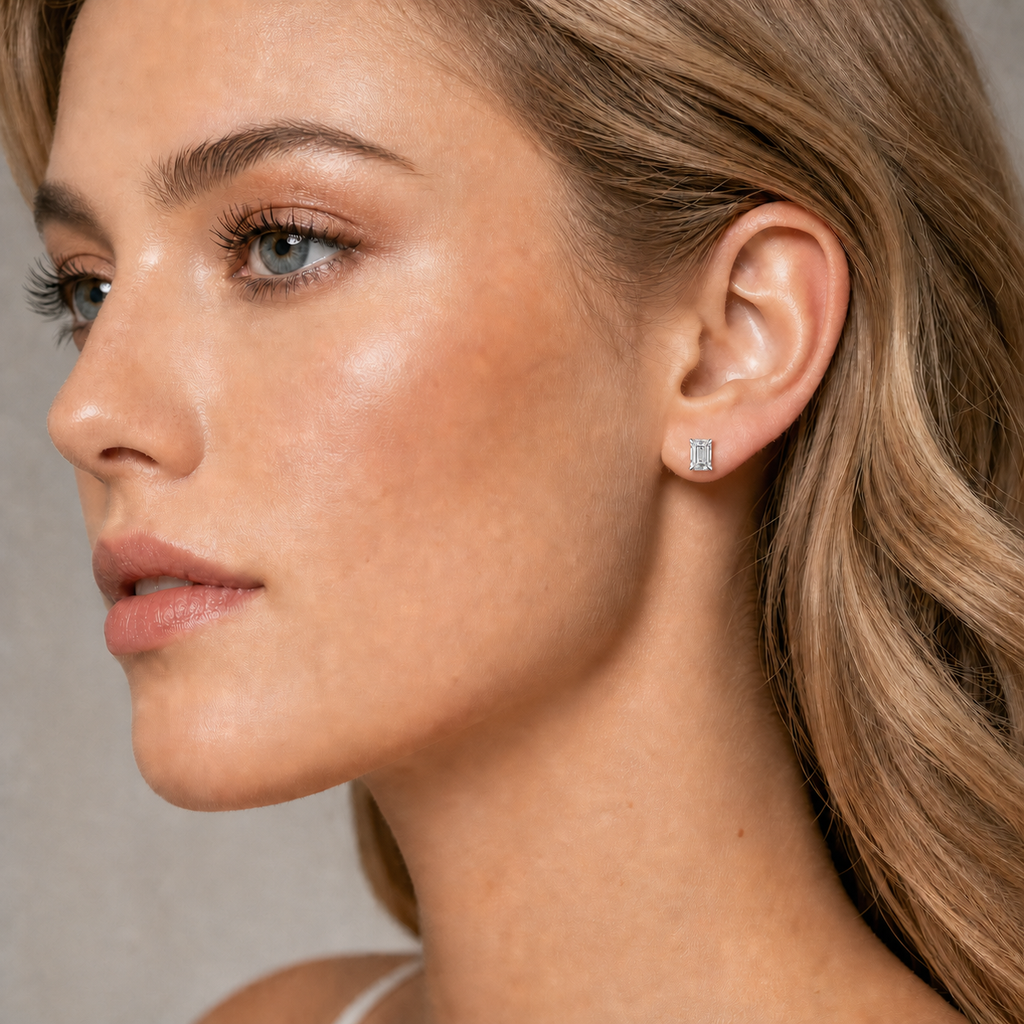 Emerald Cut Rectangle Diamond Gold Earring Studs