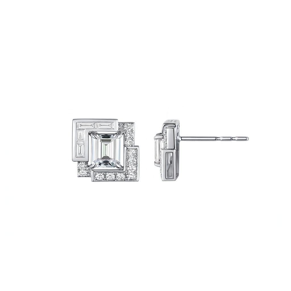 Geometric Art Deco Statement Emerald-Cut & Baguette Mixed-Cut Diamond Gold Stud Earrings