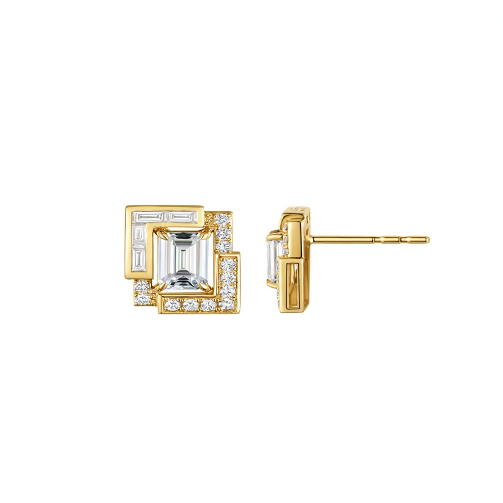 Geometric Art Deco Statement Emerald-Cut & Baguette Mixed-Cut Diamond Gold Stud Earrings