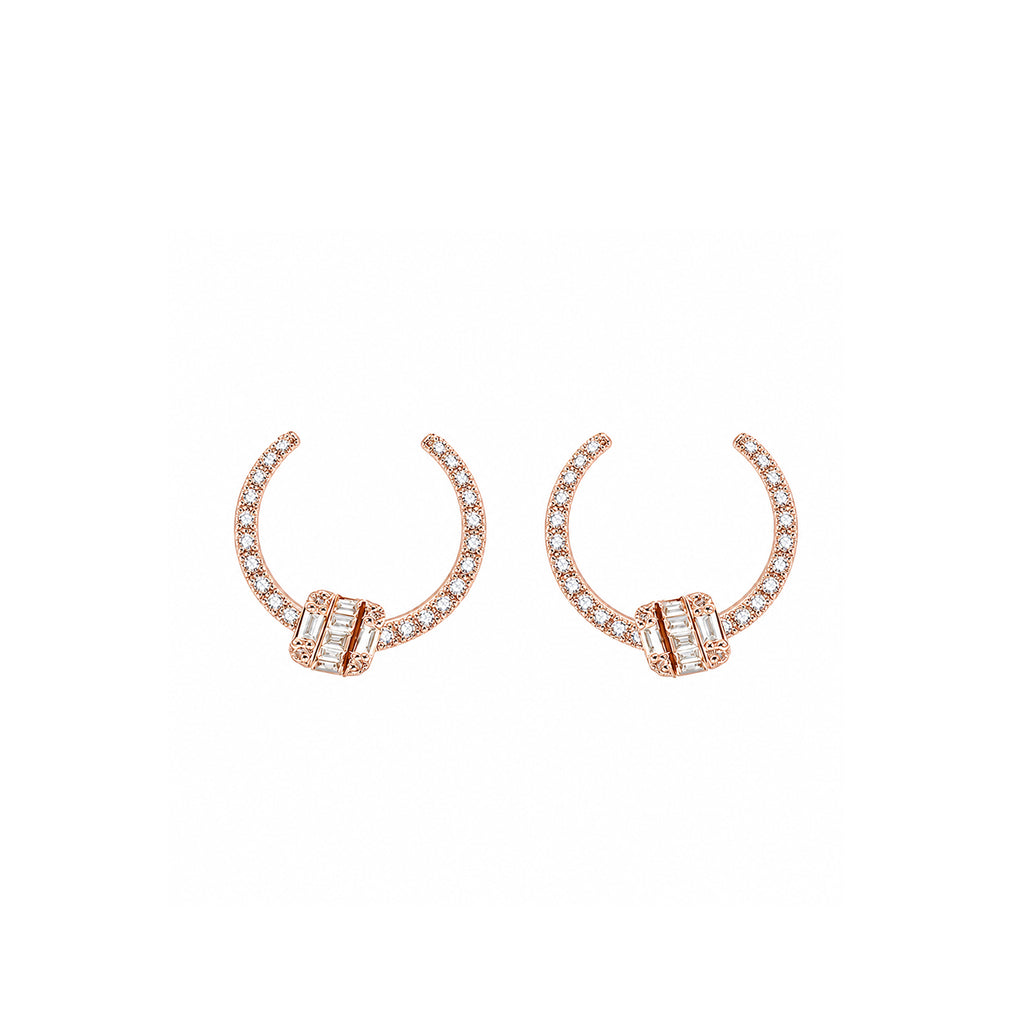 "The Gatekeeper" Statement C-Hoops Pave Band with Emerald-Cut Geometric Drop Diamond Gold Earrings