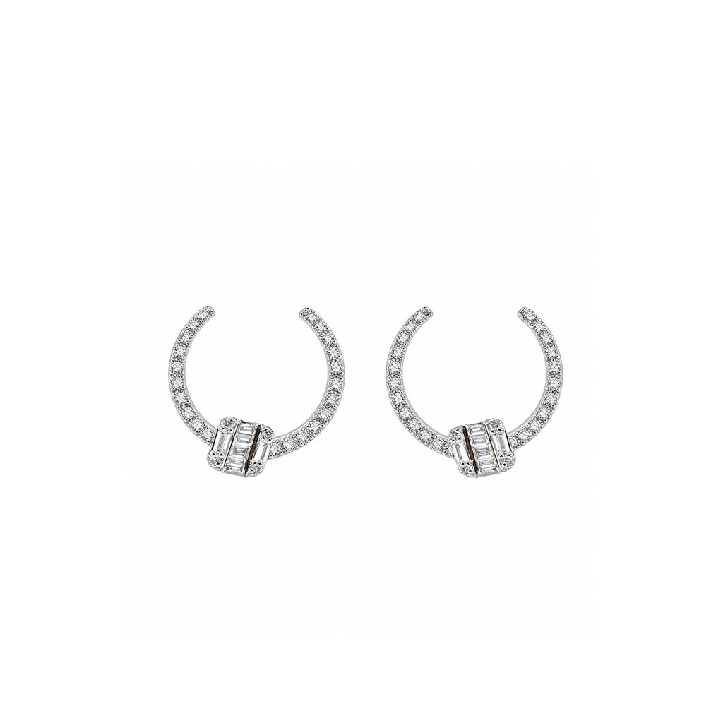 "The Gatekeeper" Statement C-Hoops Pave Band with Emerald-Cut Geometric Drop Diamond Gold Earrings