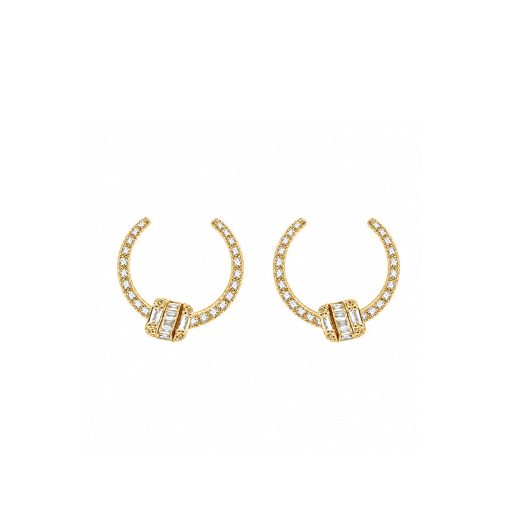"The Gatekeeper" Statement C-Hoops Pave Band with Emerald-Cut Geometric Drop Diamond Gold Earrings