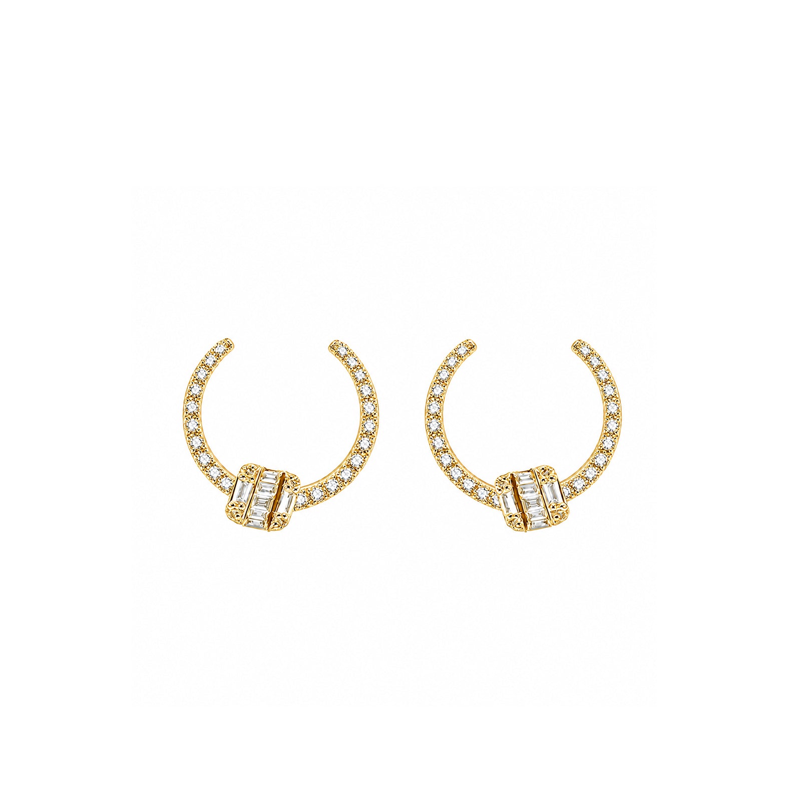 "The Gatekeeper" Statement C-Hoops Pave Band with Emerald-Cut Geometric Drop Diamond Gold Earrings