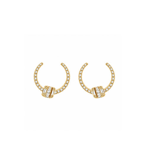 "The Gatekeeper" Statement C-Hoops Pave Band with Emerald-Cut Geometric Drop Diamond Gold Earrings