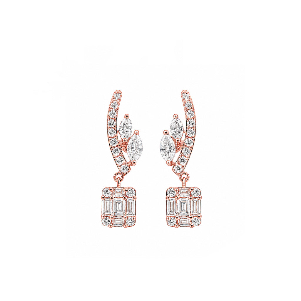 Arcade Cascade Chandelier Studs Pave Arc with Marquise Leaf Connectors Drop Diamond Gold Earrings