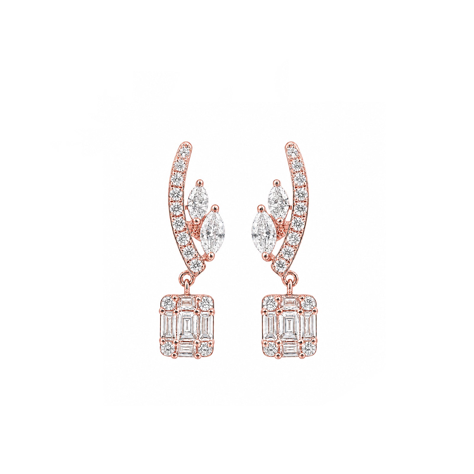 Arcade Cascade Chandelier Studs Pave Arc with Marquise Leaf Connectors Drop Diamond Gold Earrings