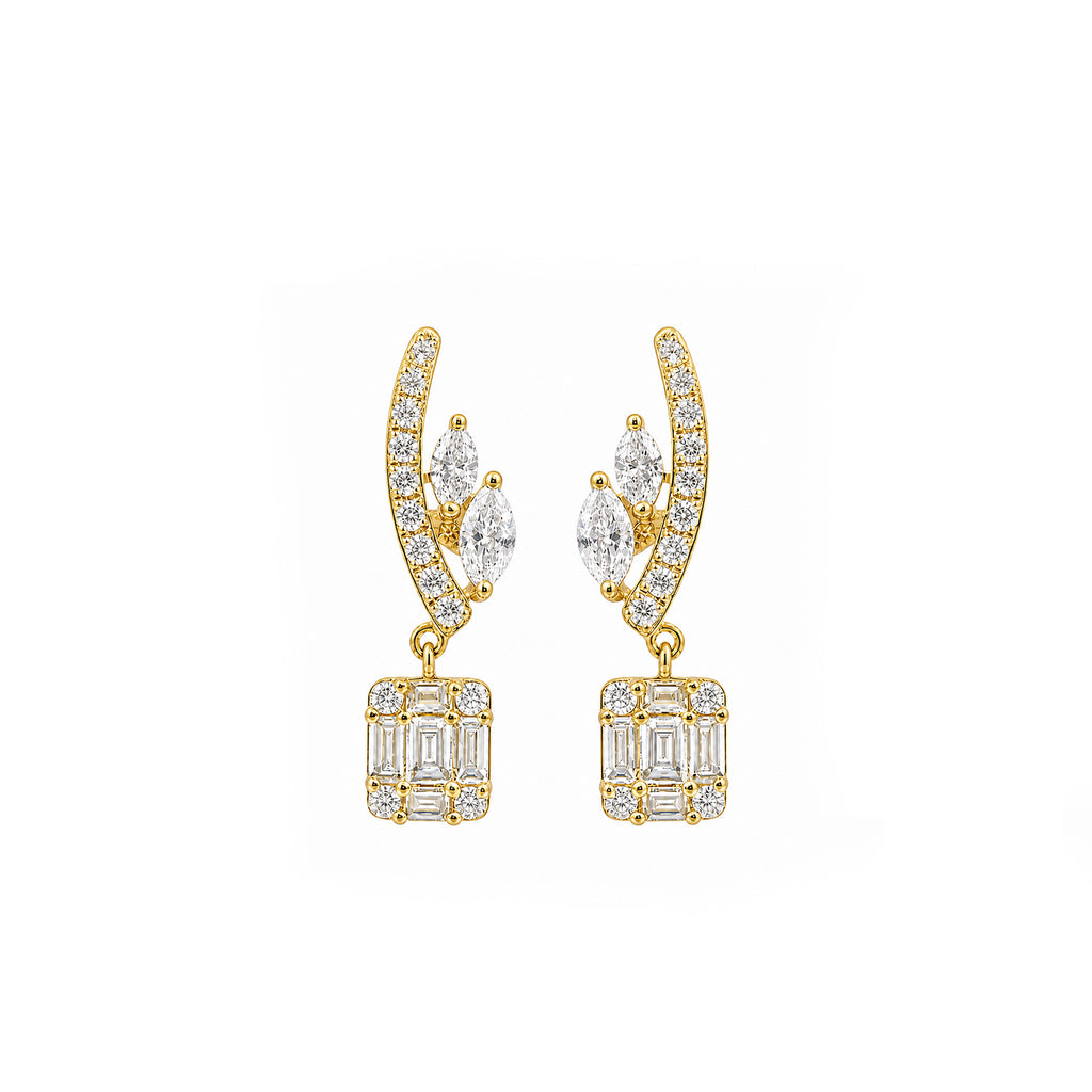 Arcade Cascade Chandelier Studs Pave Arc with Marquise Leaf Connectors Drop Diamond Gold Earrings