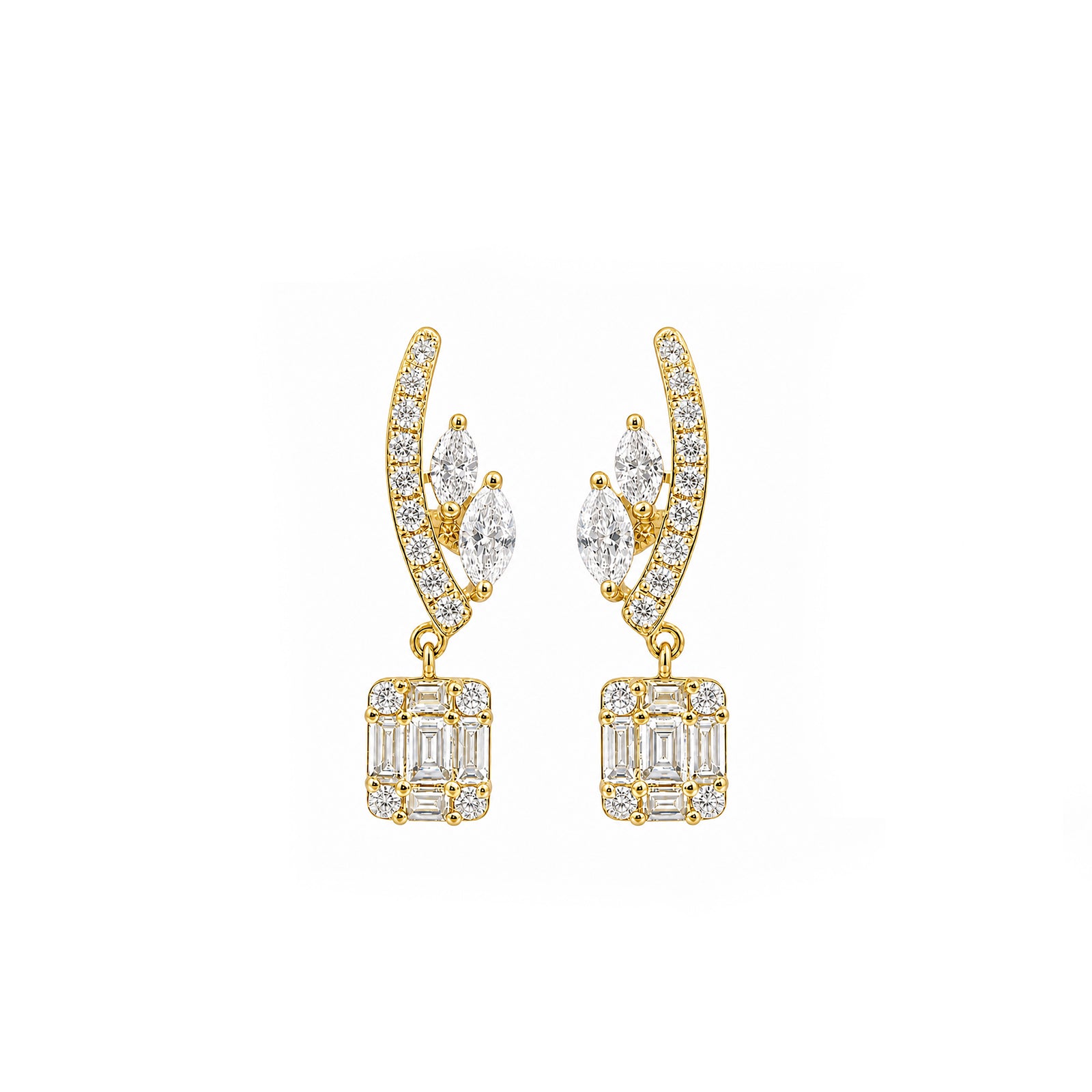 Arcade Cascade Chandelier Studs Pave Arc with Marquise Leaf Connectors Drop Diamond Gold Earrings