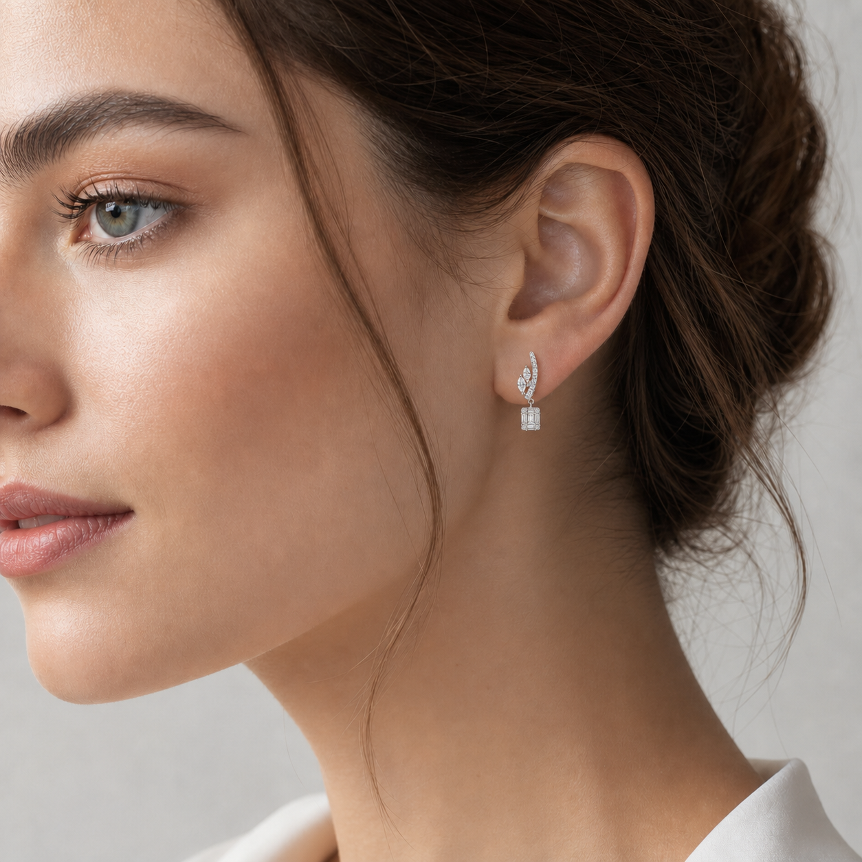 Arcade Cascade Chandelier Studs Pave Arc with Marquise Leaf Connectors Drop Diamond Gold Earrings
