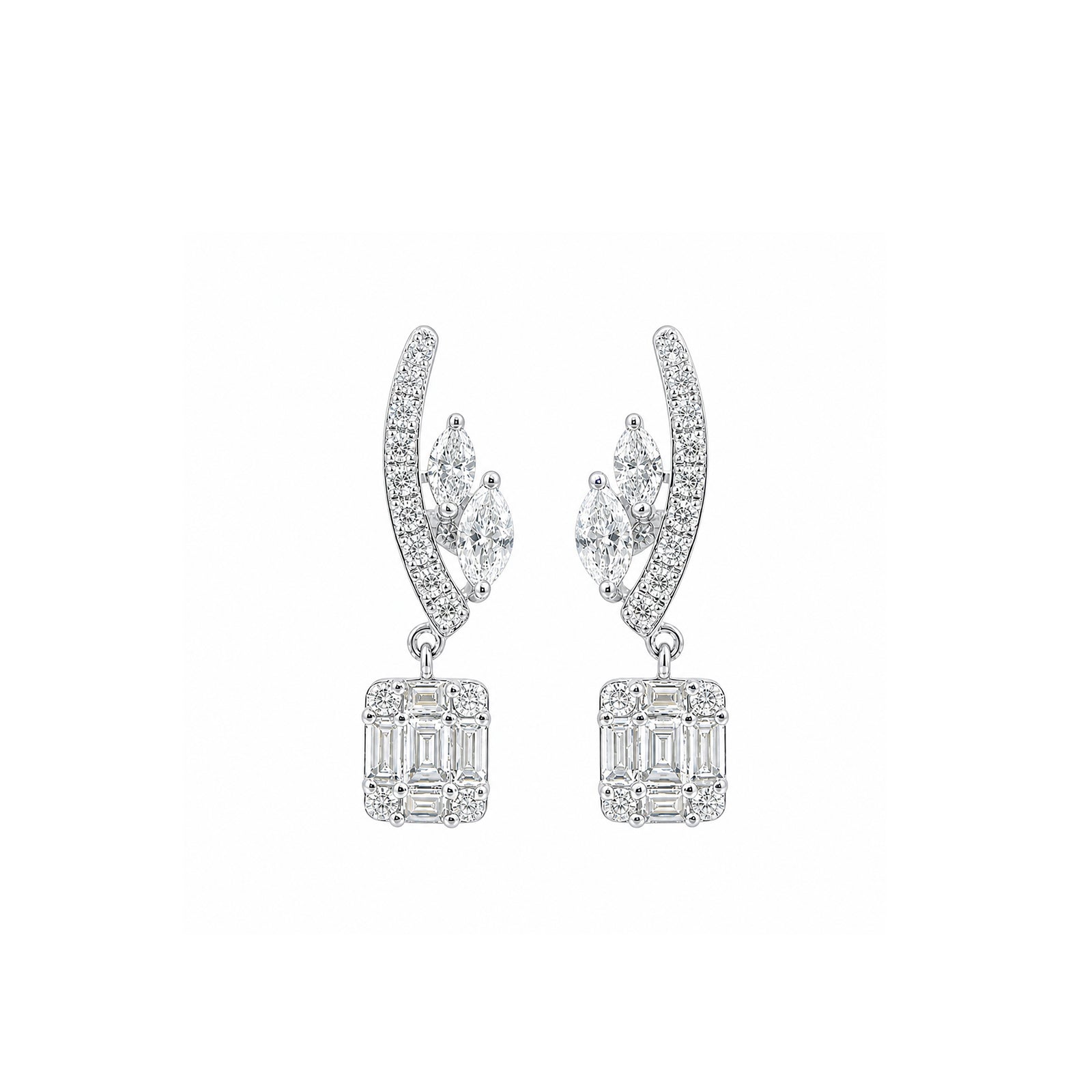 Arcade Cascade Chandelier Studs Pave Arc with Marquise Leaf Connectors Drop Diamond Gold Earrings