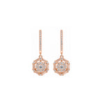 Geometric Hexagon Cluster Circular Baguette Grid Surrounding Round Pave Sunburst Centerpiece Diamond Gold Drop Earrings