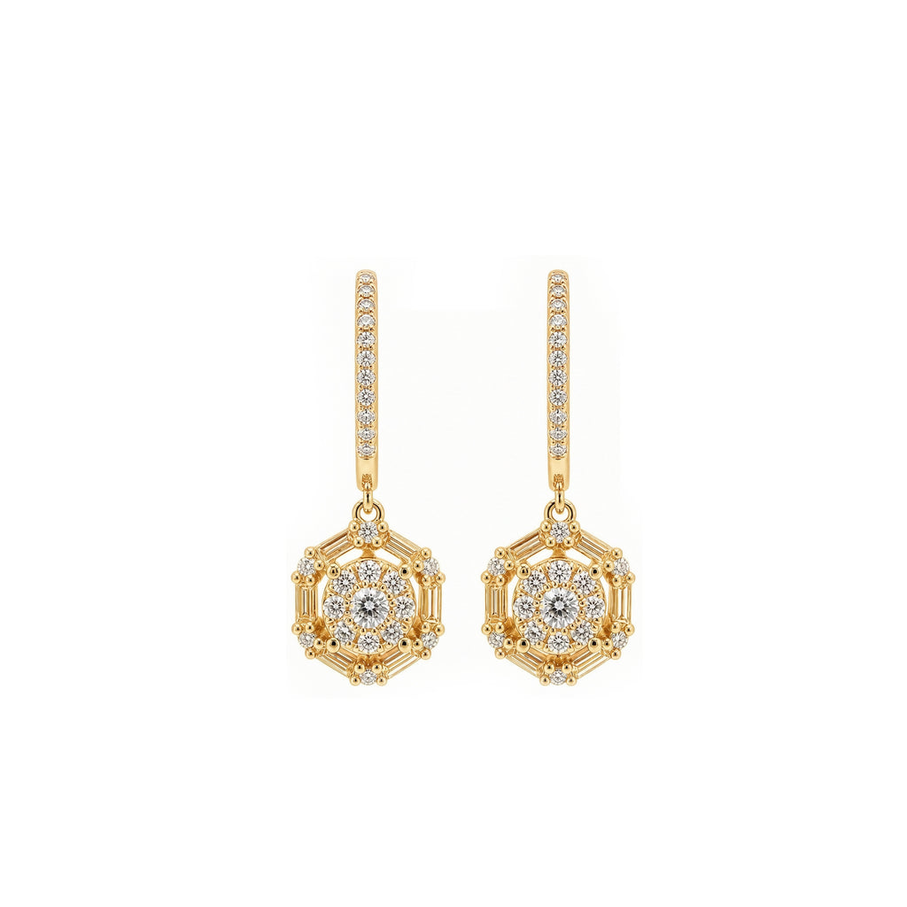 Geometric Hexagon Cluster Circular Baguette Grid Surrounding Round Pave Sunburst Centerpiece Diamond Gold Drop Earrings