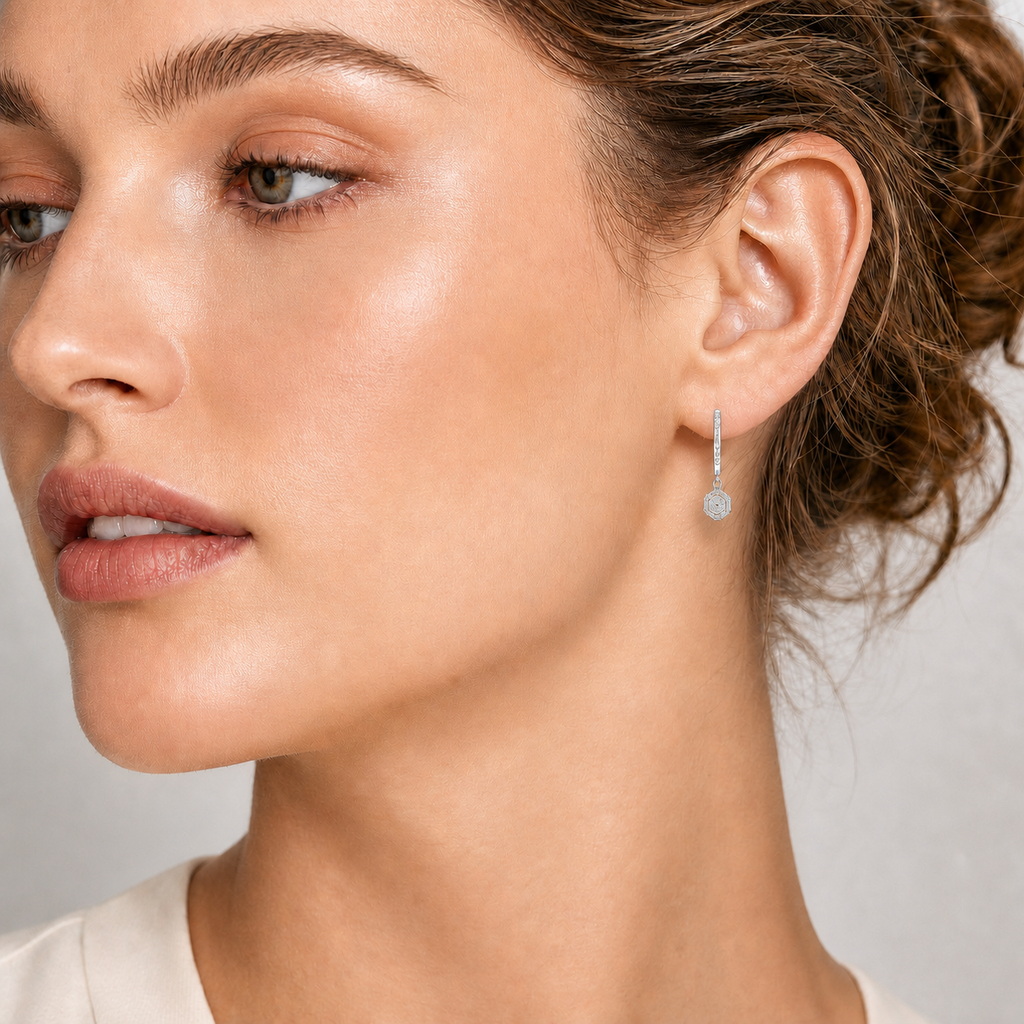 Geometric Hexagon Cluster Circular Baguette Grid Surrounding Round Pave Sunburst Centerpiece Diamond Gold Drop Earrings