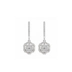 Geometric Hexagon Cluster Circular Baguette Grid Surrounding Round Pave Sunburst Centerpiece Diamond Gold Drop Earrings