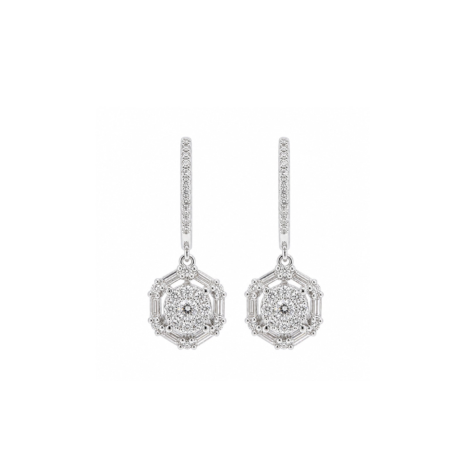 Geometric Hexagon Cluster Circular Baguette Grid Surrounding Round Pave Sunburst Centerpiece Diamond Gold Drop Earrings