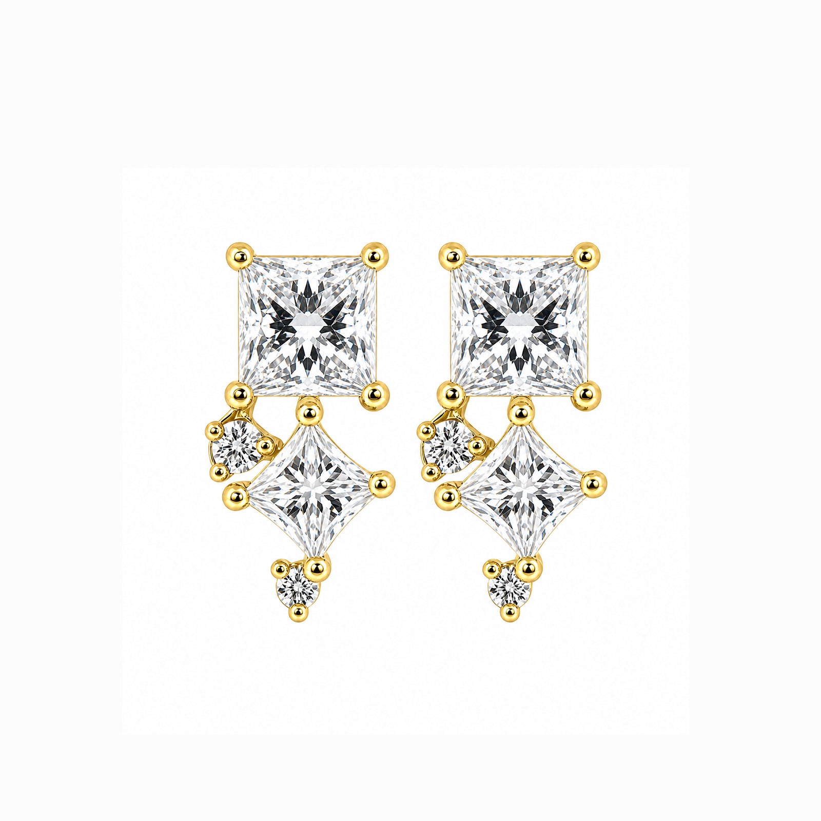 Princess-Cut Cascade Studs ¨C Asymmetric Square Cluster Diamond Gold Earrings with Kite-Shaped Drop Accents