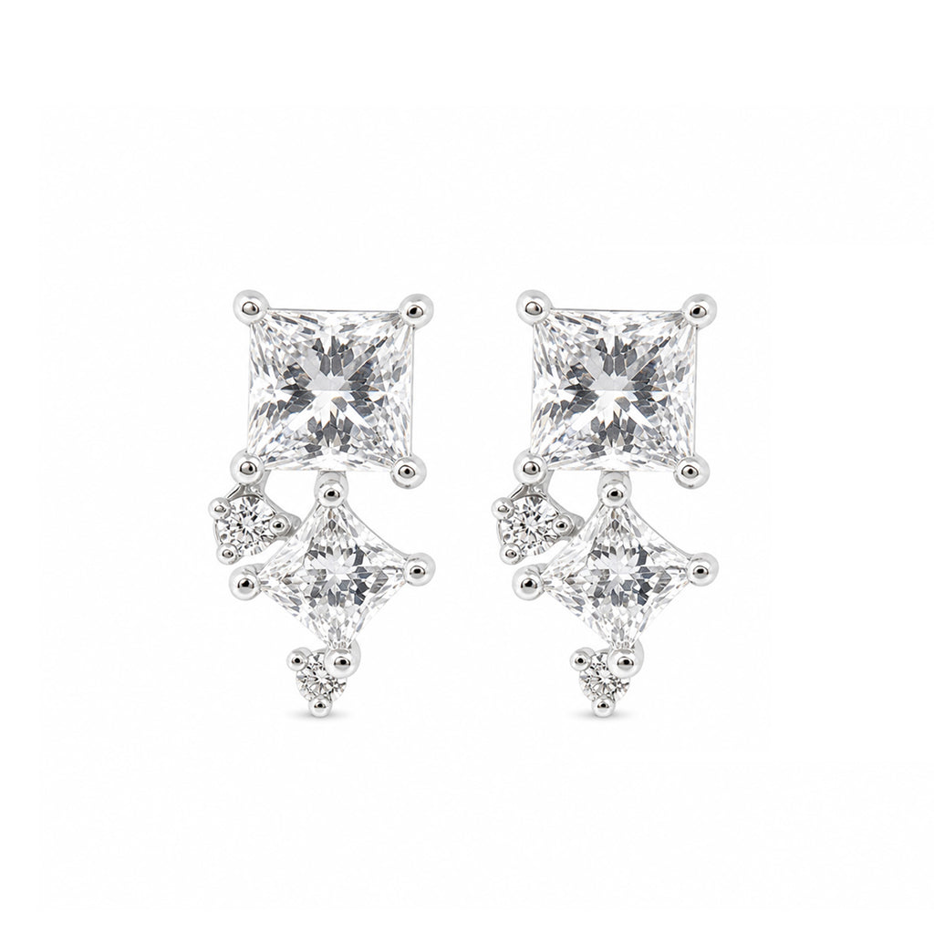 Princess-Cut Cascade Studs ¨C Asymmetric Square Cluster Diamond Gold Earrings with Kite-Shaped Drop Accents
