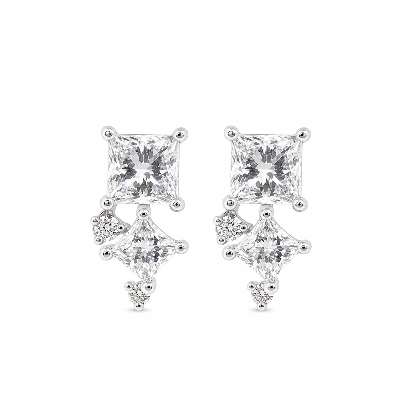 Princess-Cut Cascade Studs ¨C Asymmetric Square Cluster Diamond Gold Earrings with Kite-Shaped Drop Accents