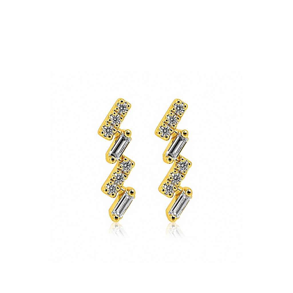 Lightning-Bolt Geometric Crawlers with Round & Emerald-Cut Stones Diamond Gold Earrings
