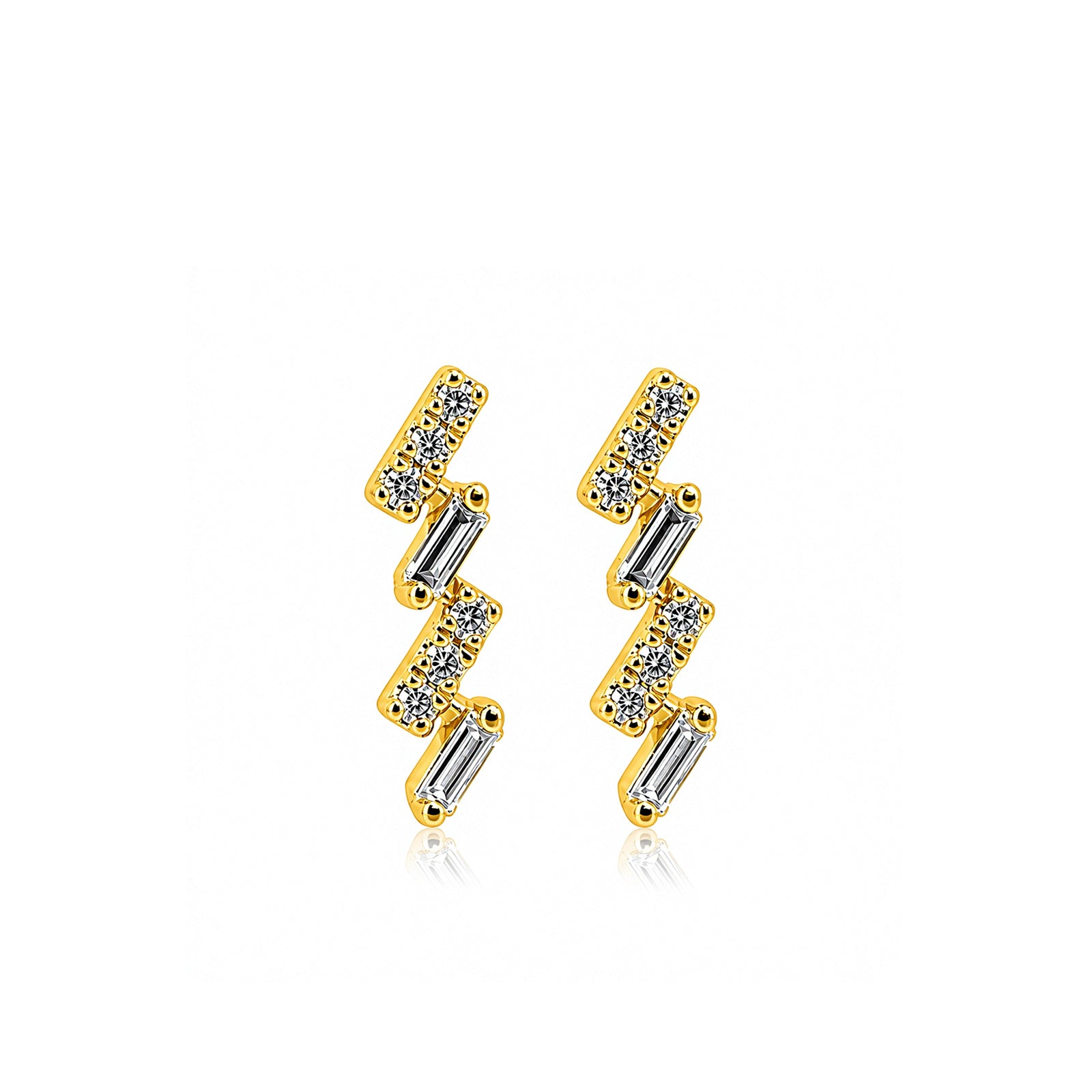 Lightning-Bolt Geometric Crawlers with Round & Emerald-Cut Stones Diamond Gold Earrings