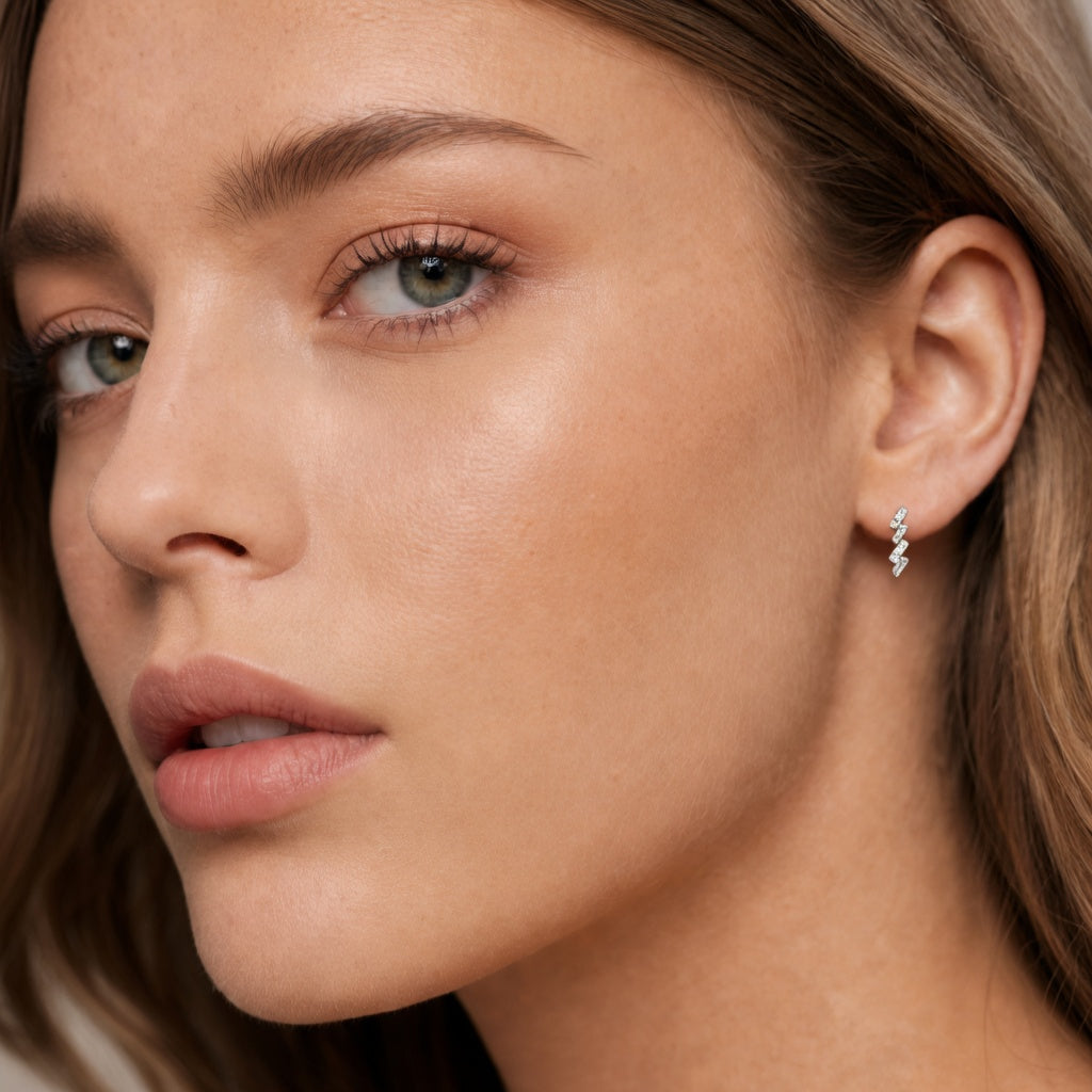 Lightning-Bolt Geometric Crawlers with Round & Emerald-Cut Stones Diamond Gold Earrings