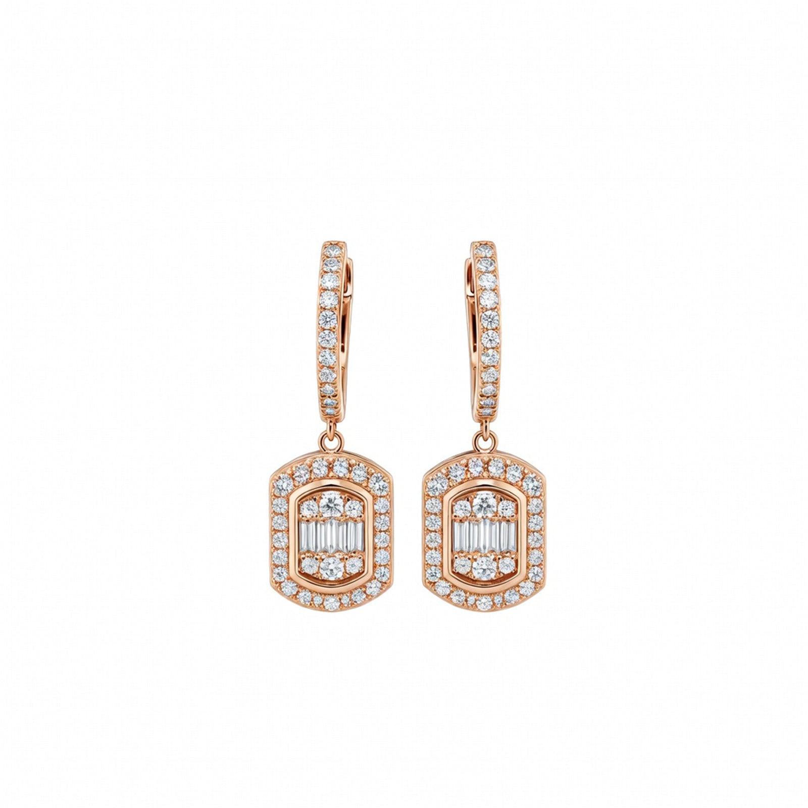 Octagon Double Halo Drop Huggie Earrings Art Deco Glamour