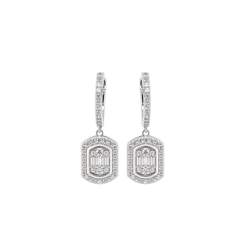 Octagon Double Halo Drop Huggie Earrings Art Deco Glamour