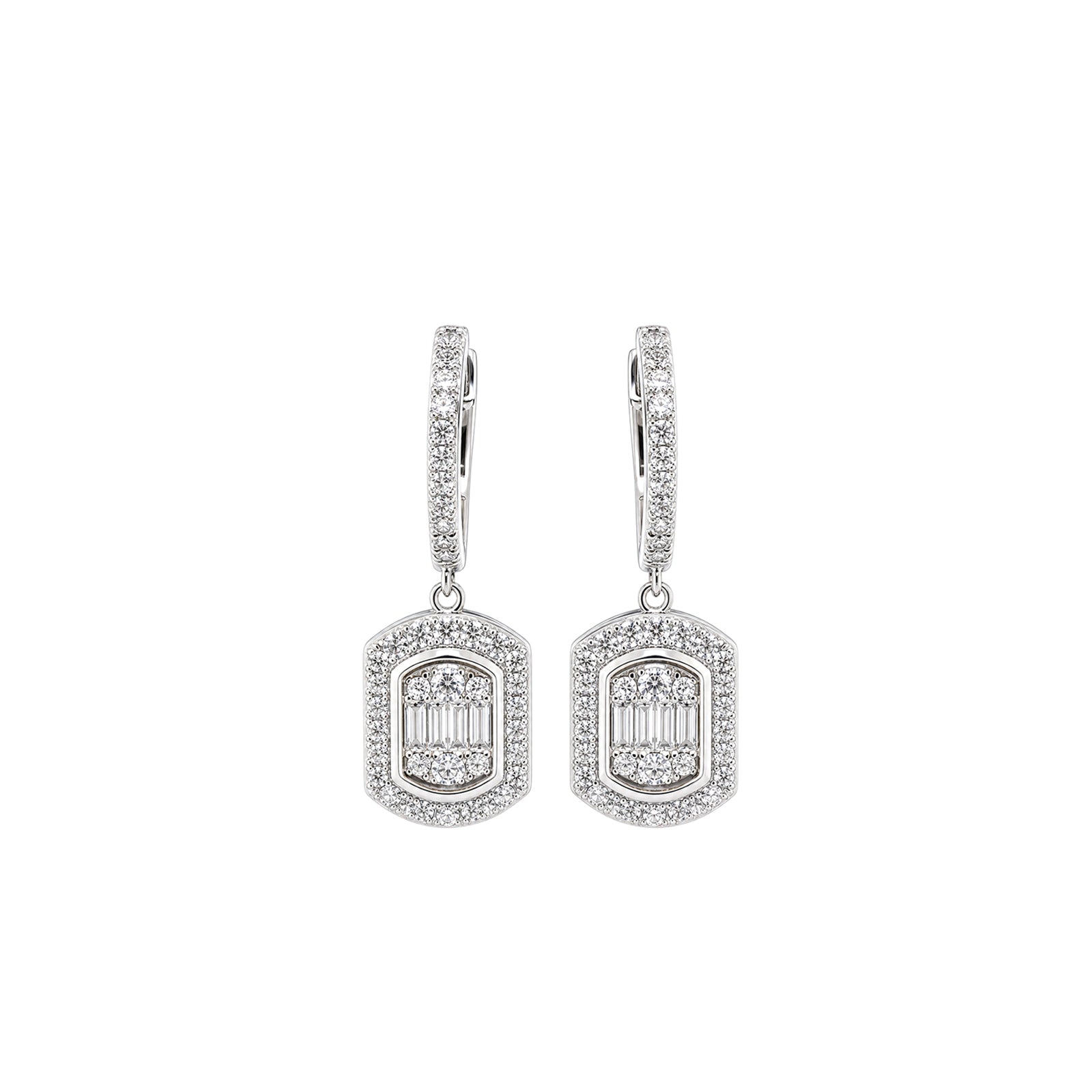 Octagon Double Halo Drop Huggie Earrings Art Deco Glamour