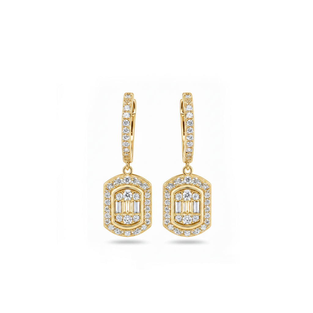 Octagon Double Halo Drop Huggie Earrings Art Deco Glamour