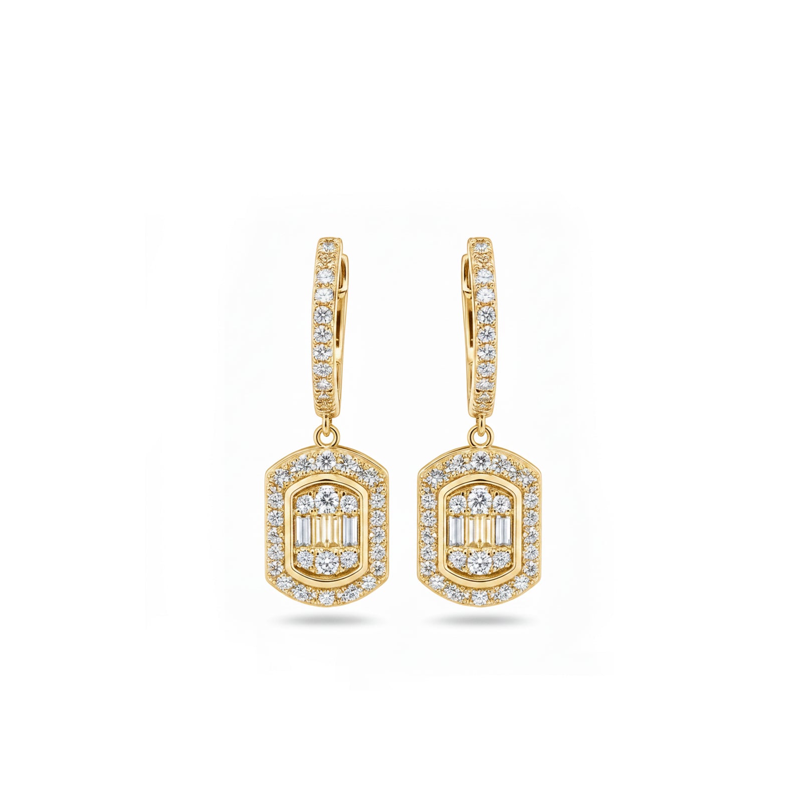 Octagon Double Halo Drop Huggie Earrings Art Deco Glamour