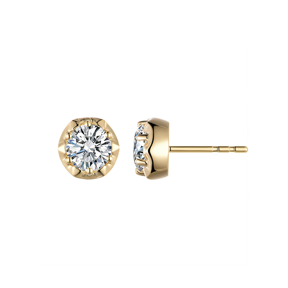 14K Yellow Gold Scalloped Crown Diamond Stud Earrings