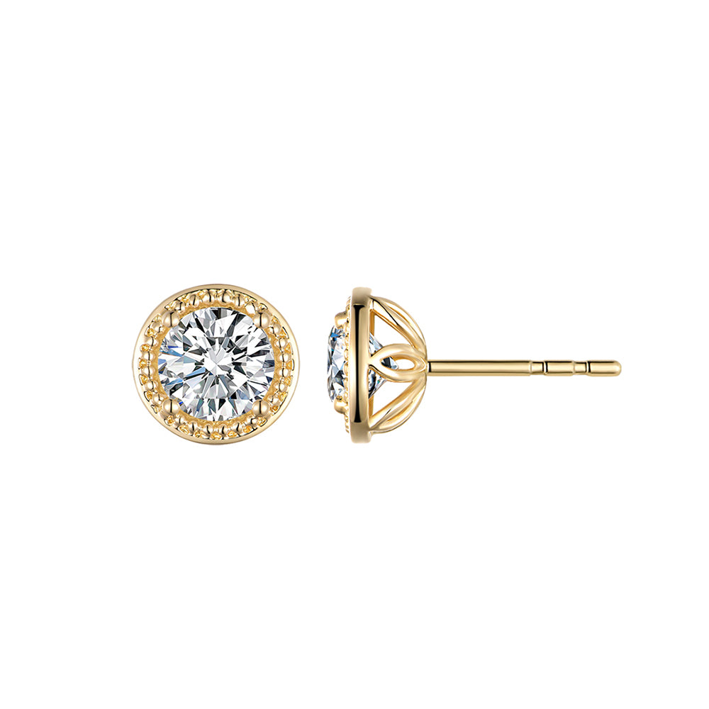 14K Yellow Gold Halo Diamond Stud Earrings with Milgrain Detail