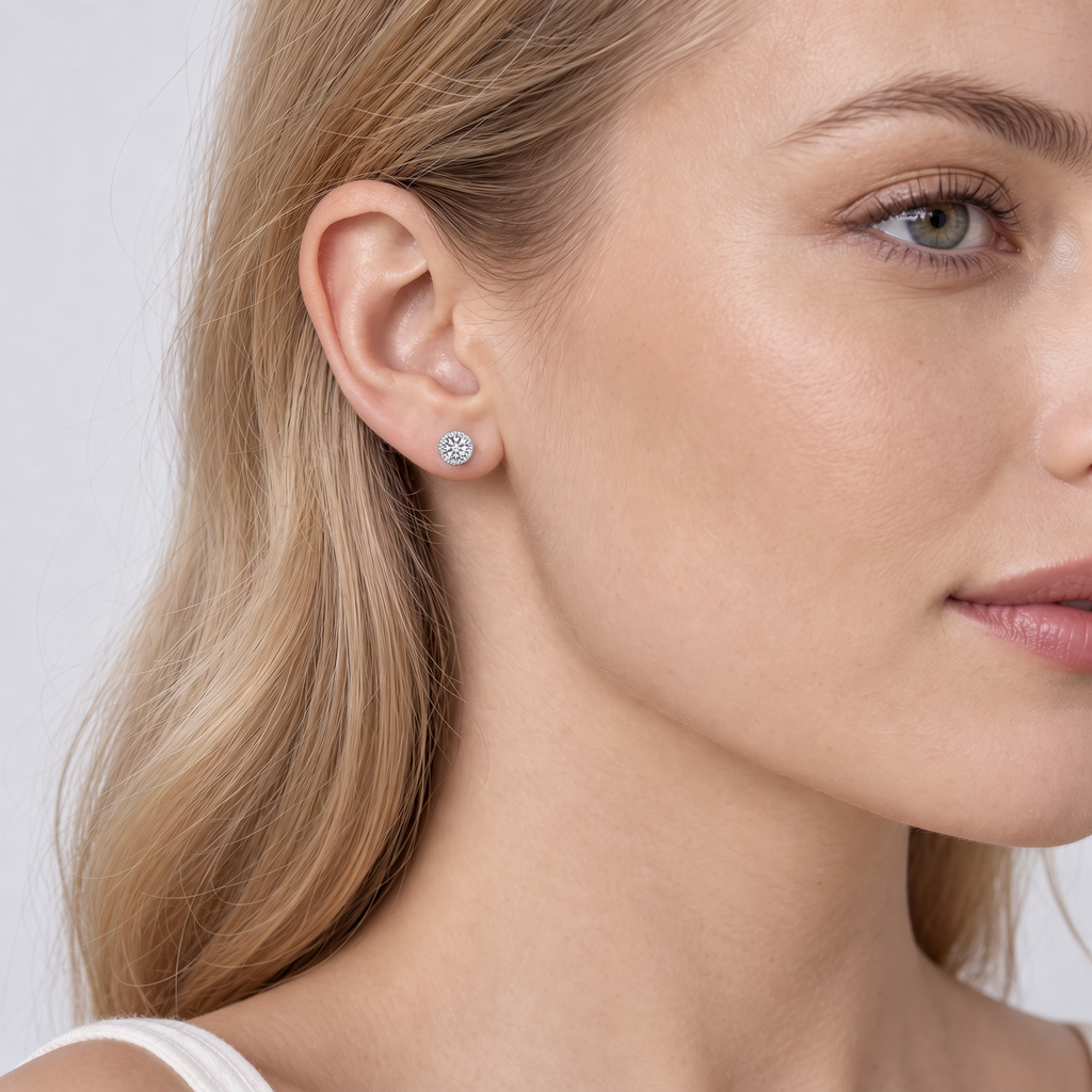 14K Yellow Gold Halo Diamond Stud Earrings with Milgrain Detail