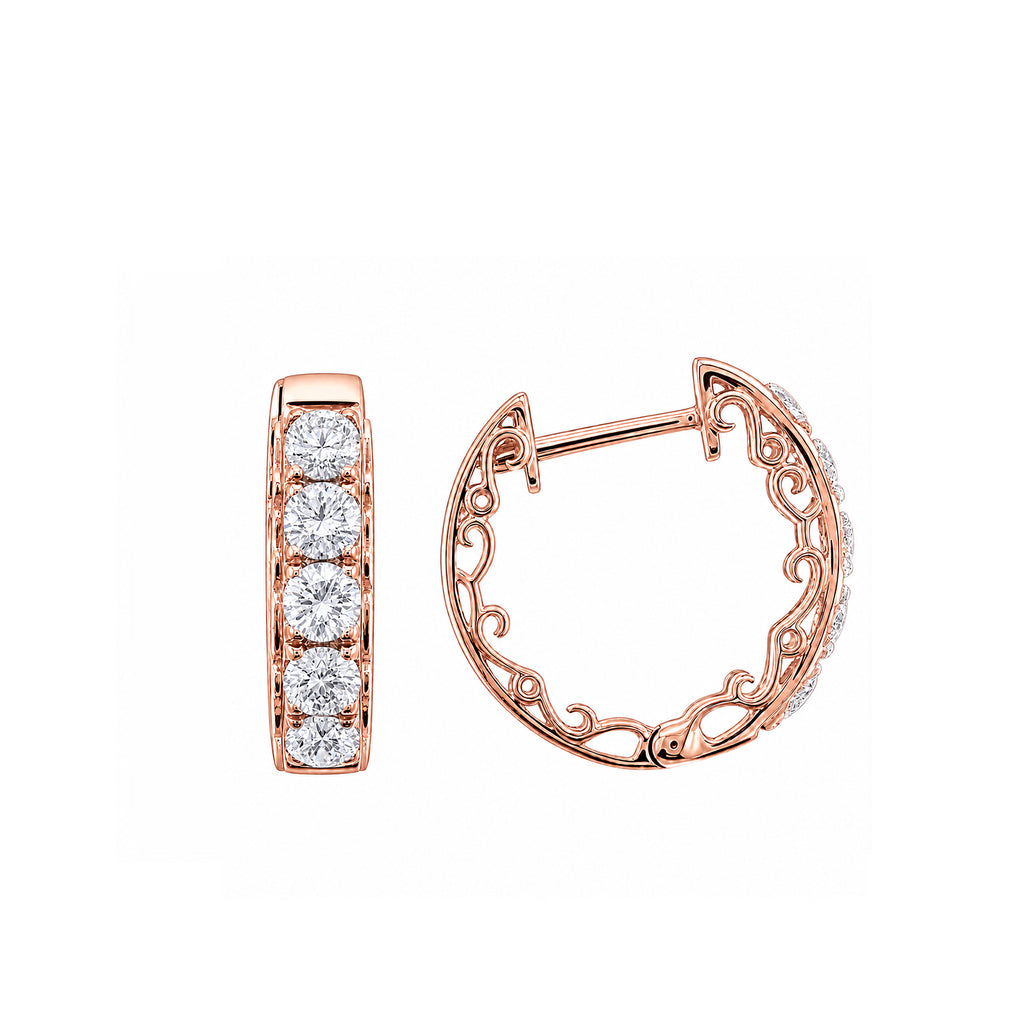 14K  Gold Vintage Filigree Lab-Grown Diamond Huggie Hoop Earrings