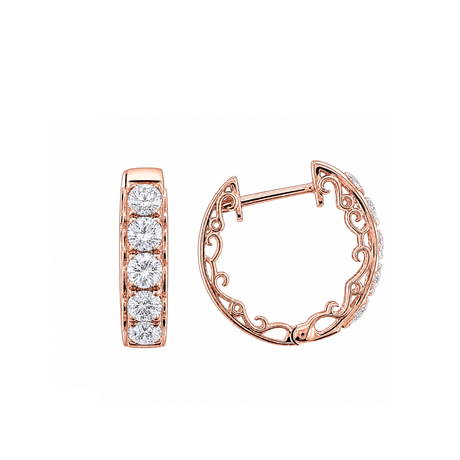 14K  Gold Vintage Filigree Lab-Grown Diamond Huggie Hoop Earrings