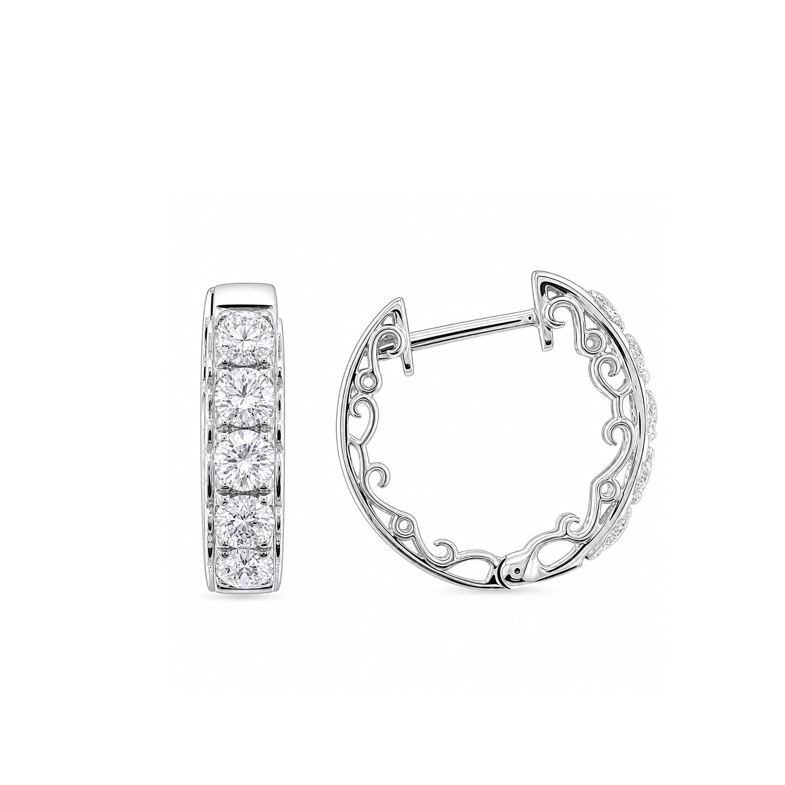 14K  Gold Vintage Filigree Lab-Grown Diamond Huggie Hoop Earrings