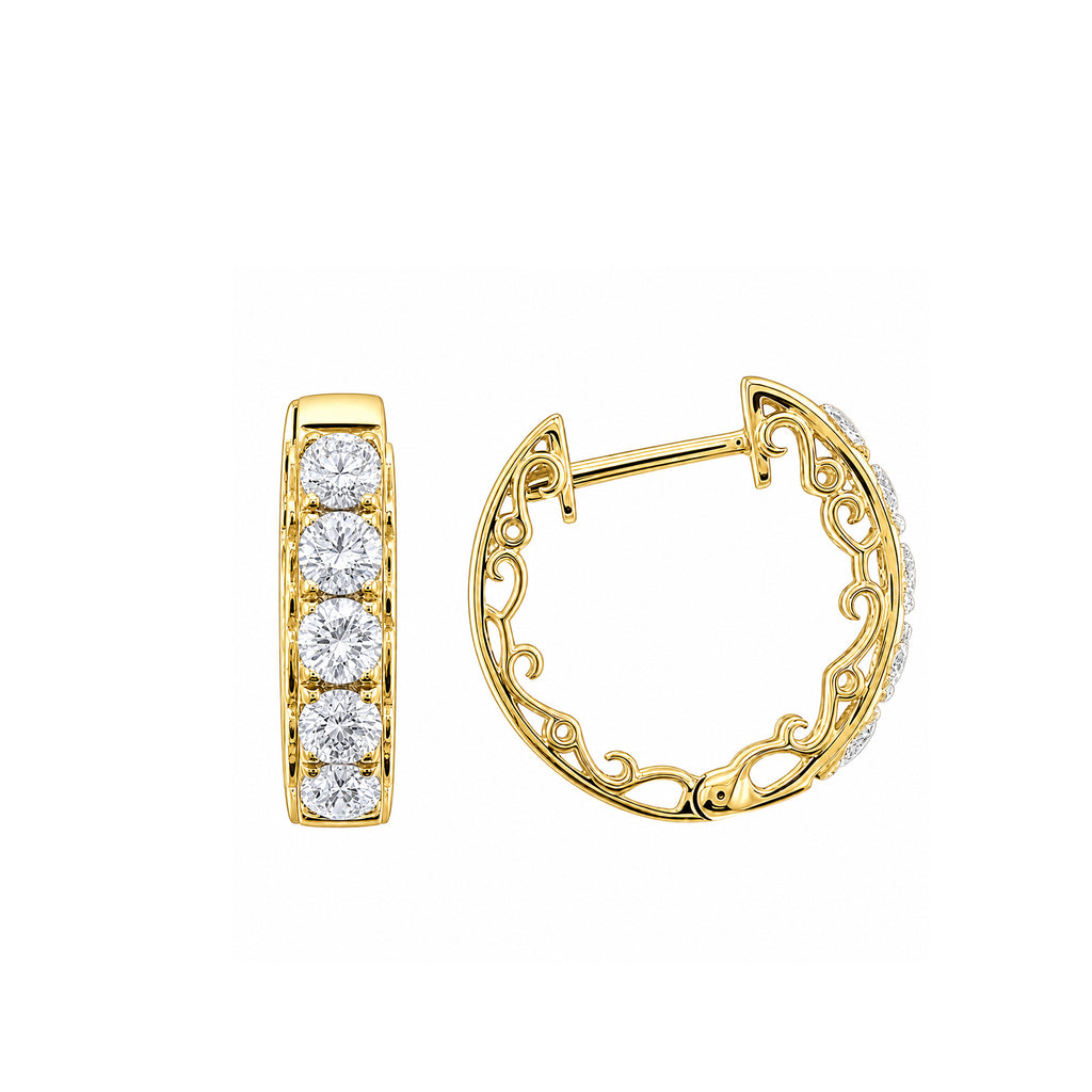 14K  Gold Vintage Filigree Lab-Grown Diamond Huggie Hoop Earrings