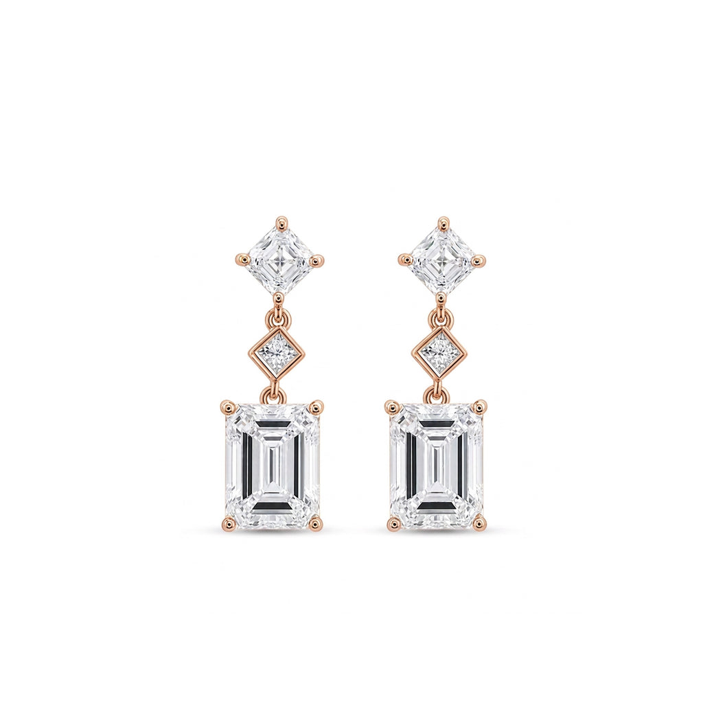 14K  Gold Emerald Cut & Princess Cut Tiered Geometric Lab-Grown Diamond Drop Earrings
