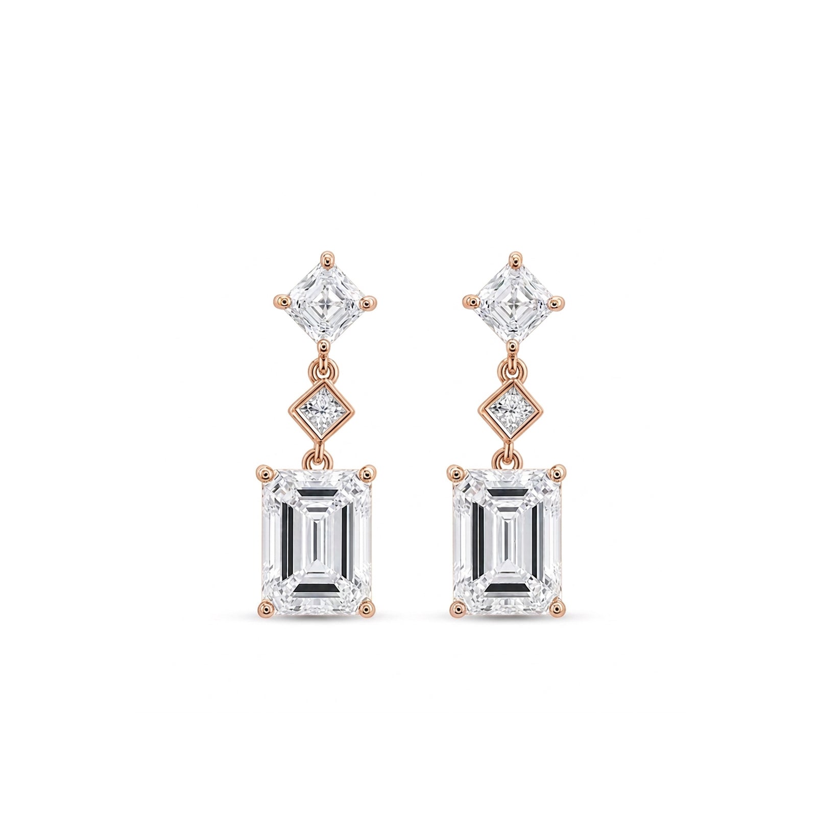 14K  Gold Emerald Cut & Princess Cut Tiered Geometric Lab-Grown Diamond Drop Earrings