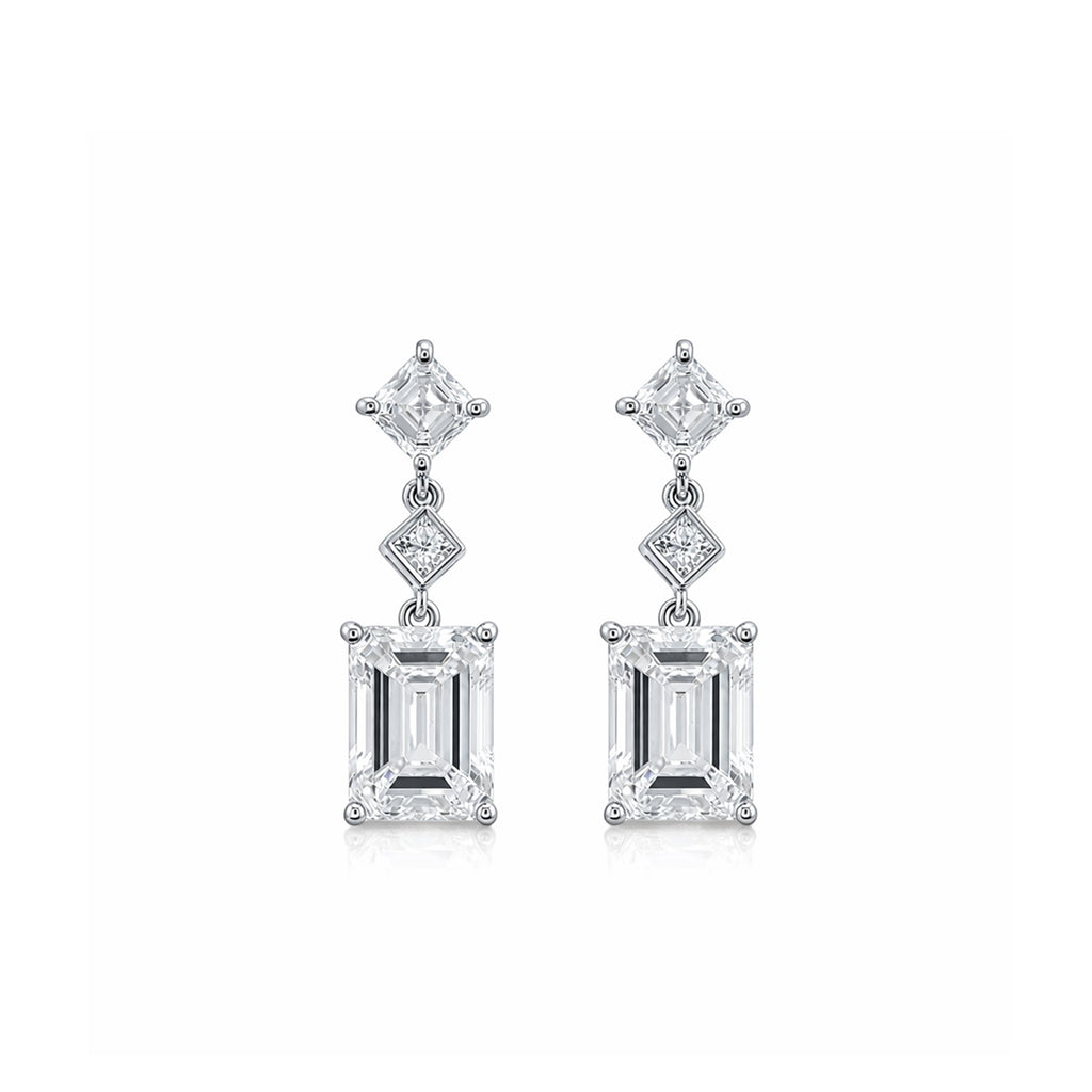 14K  Gold Emerald Cut & Princess Cut Tiered Geometric Lab-Grown Diamond Drop Earrings