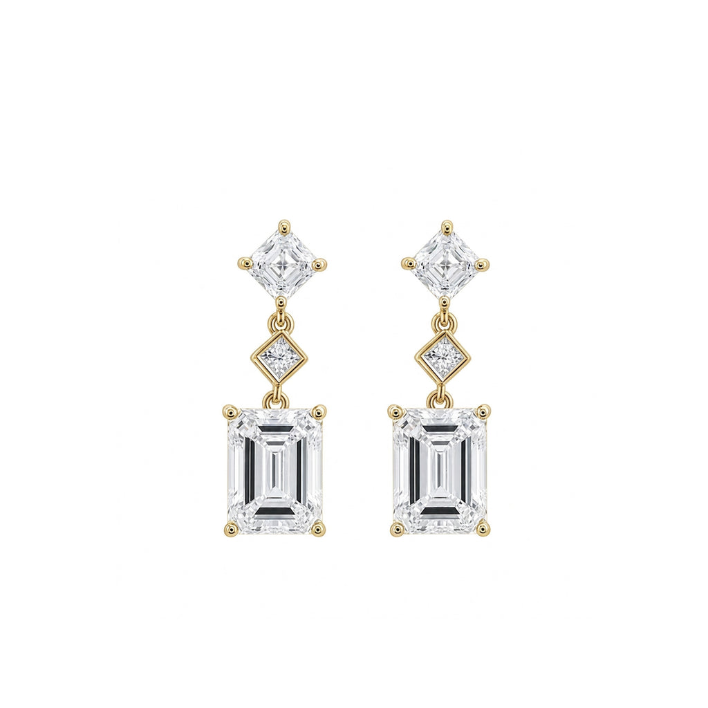 14K  Gold Emerald Cut & Princess Cut Tiered Geometric Lab-Grown Diamond Drop Earrings