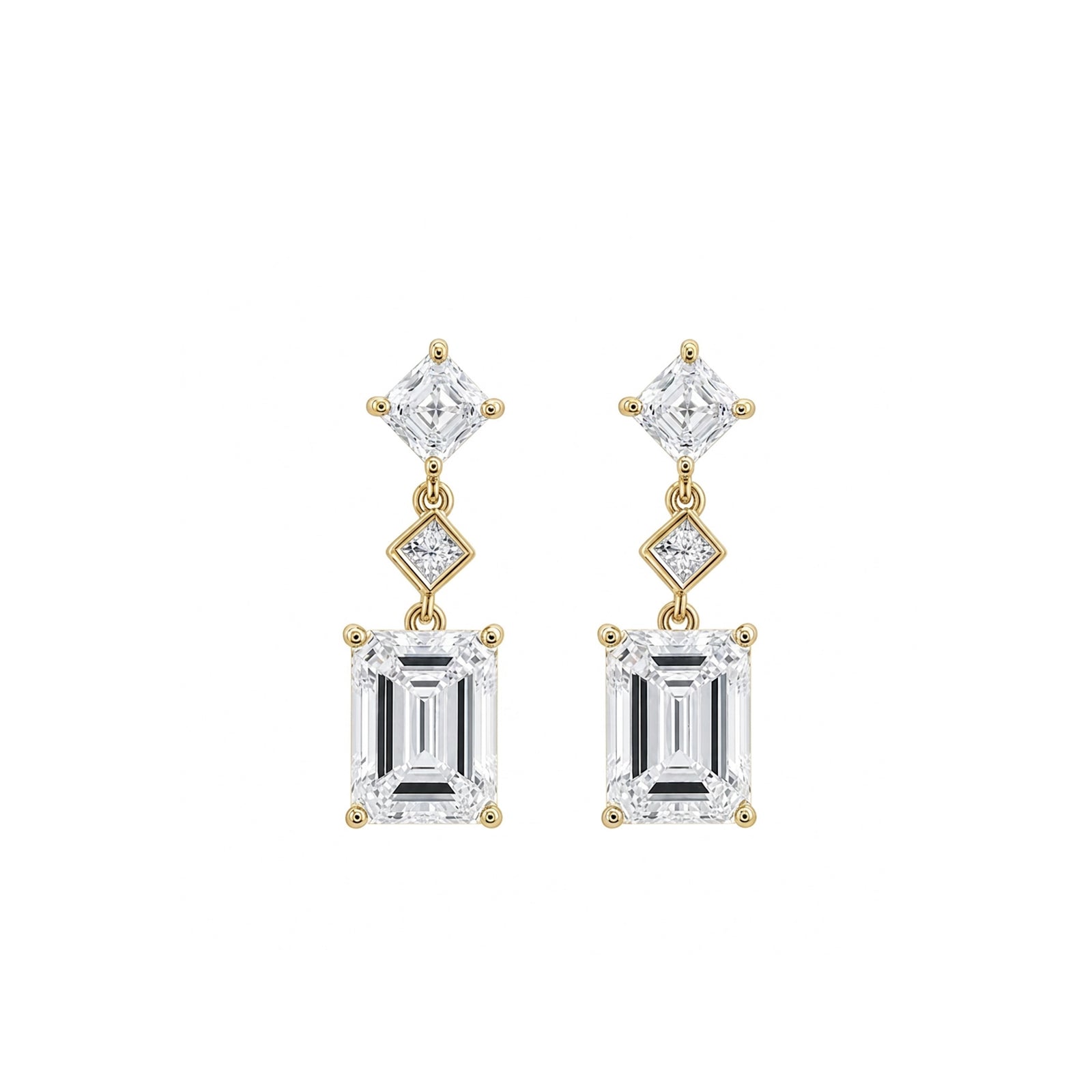 14K  Gold Emerald Cut & Princess Cut Tiered Geometric Lab-Grown Diamond Drop Earrings